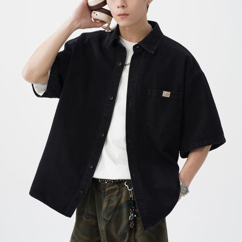 S0262 American aged washed denim short-sleeved shirt