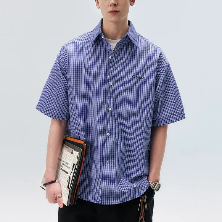 S0294 Japanese Fashion Brand Blue Plaid Shirt Men's Loose Short Sleeve Shirt