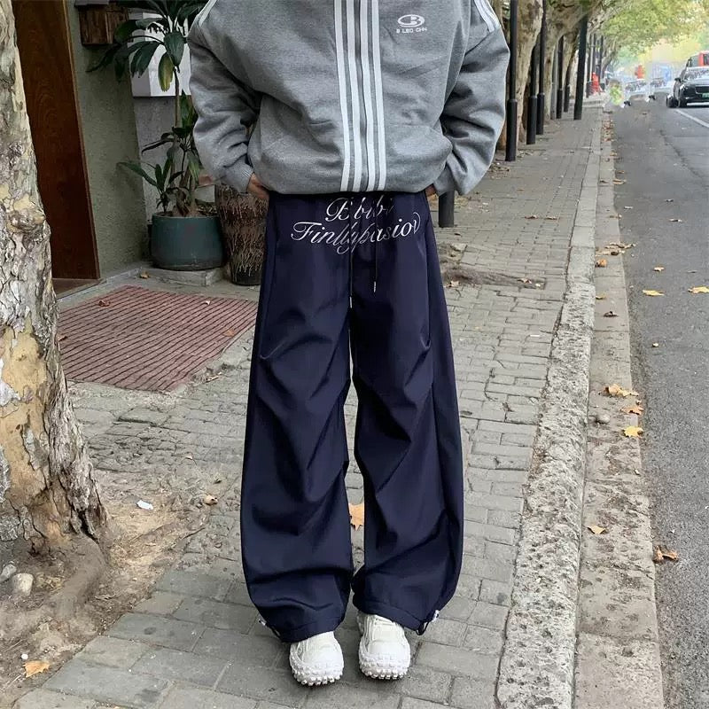 P0149 American Letter Printed Pleated Loose Leg Scimitar Cargo Pants