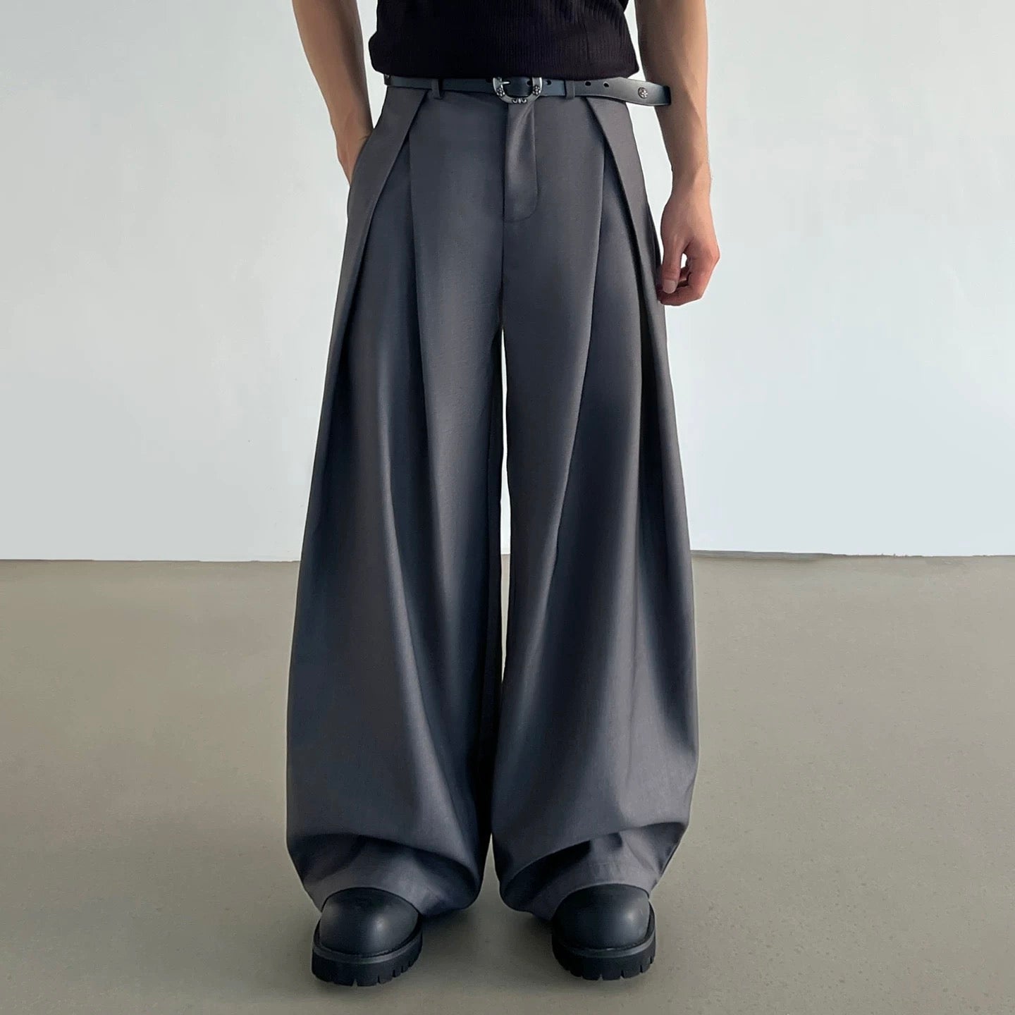 P0163 American Retro Unisex Trendy Pleated Deconstructed Design Men's Loose Fit Casual Trousers