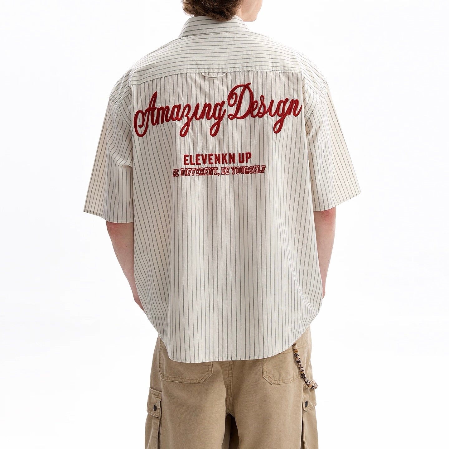 S0328 American retro old money style striped short-sleeved letter embroidered shirt