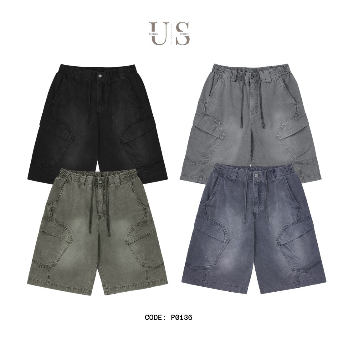 P0136 American style heavy washed overalls trendy multi-pocket loose casual shorts