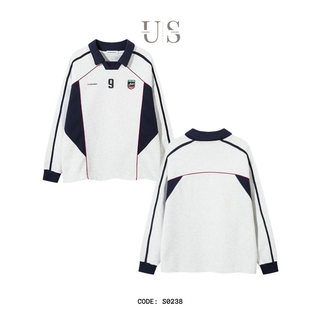 S0238 American retro splicing loose polo long sleeves