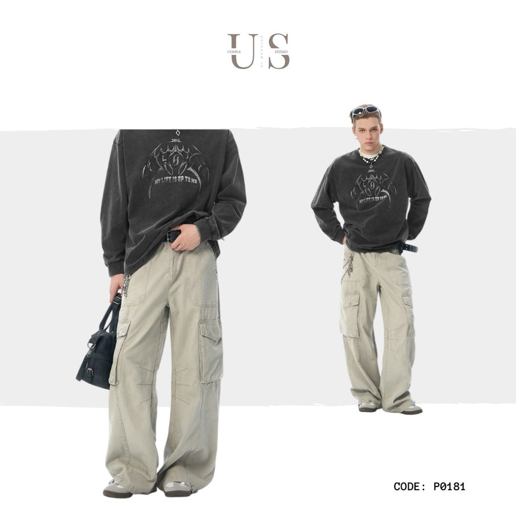 P0181 American Retro Washed Multi-Flap Pocket Pants Straight Cargo Pants