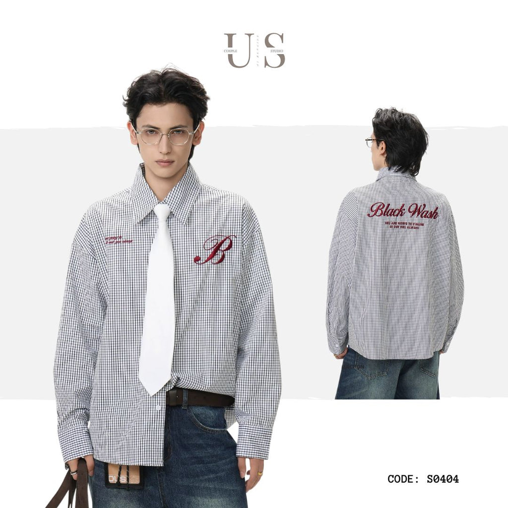 S0404 American-style niche design letter embroidered plaid collar shirt