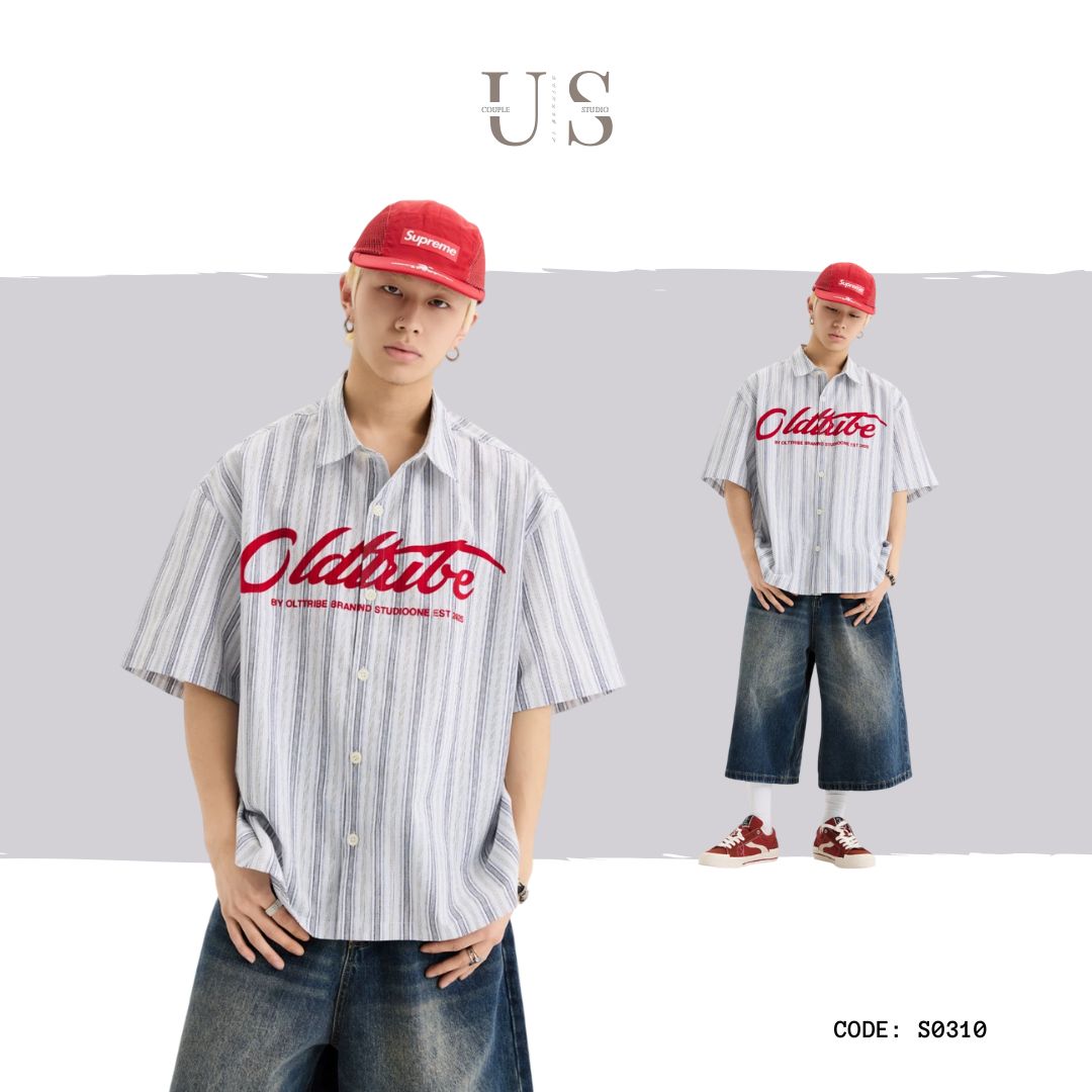 S0310 American retro letter print vertical stripes short-sleeved shirt