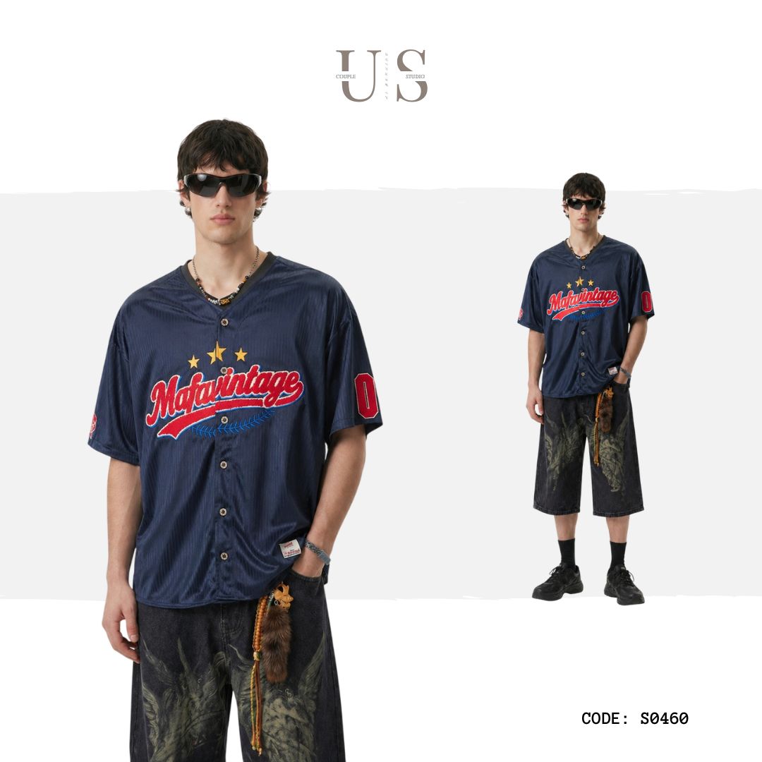 S0460 American Retro Streetwear Design ROCK Print Gray Loose Short-Sleeve Shirt