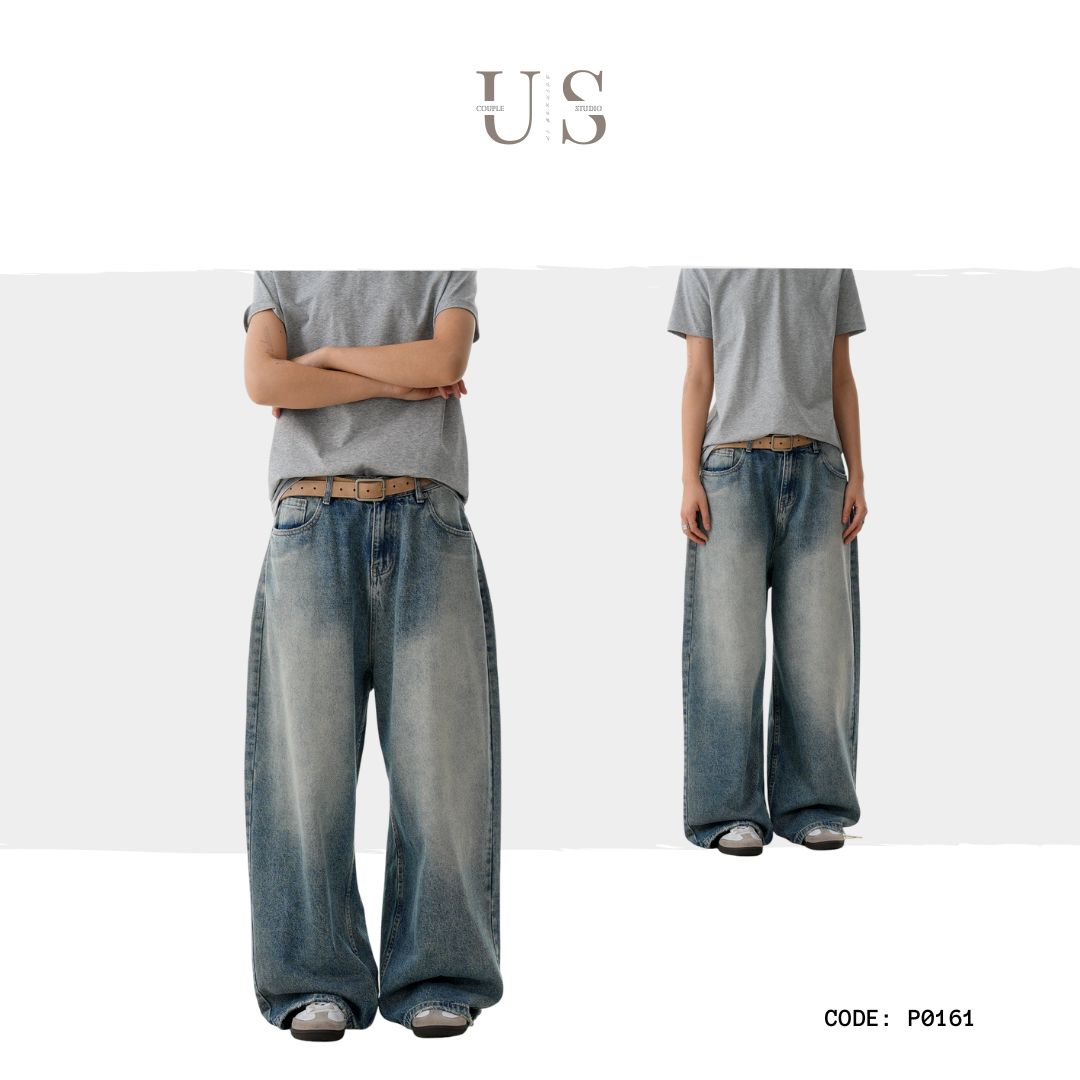P0161 American style washed blue wide-leg slim three-dimensional oversize jeans