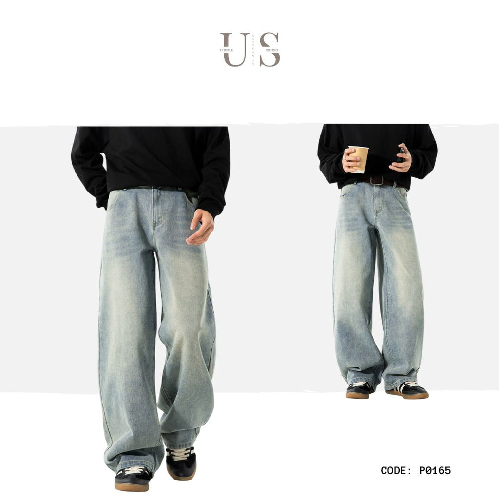 P0165 American retro distressed washed silhouette new fall style trendy straight-leg jeans