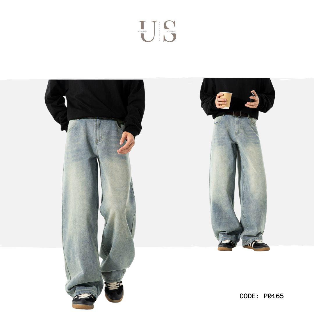 P0165 American retro distressed washed silhouette new fall style trendy straight-leg jeans