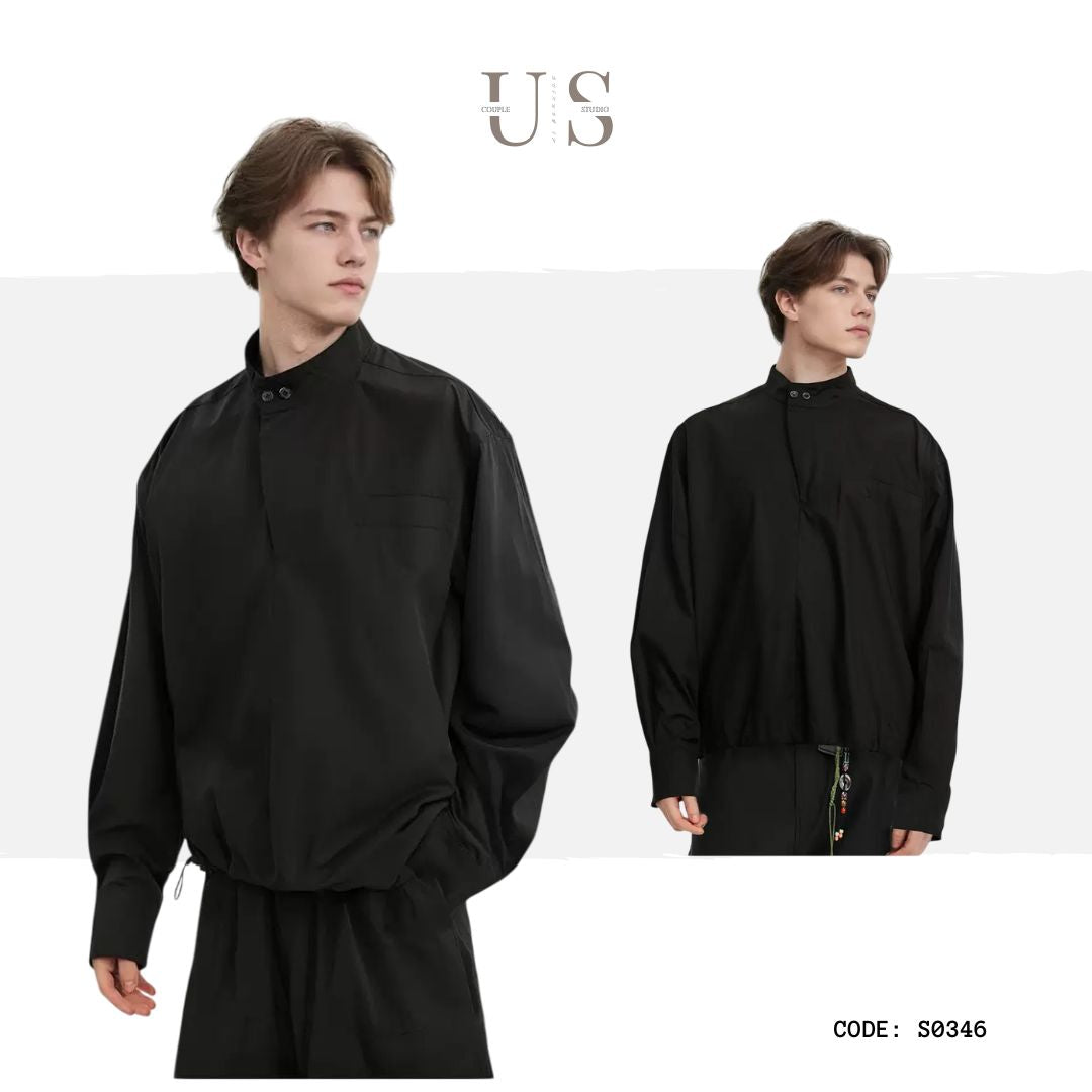 S0346 American-style short drawstring high-end half-zip stand-up collar loose pullover shirt