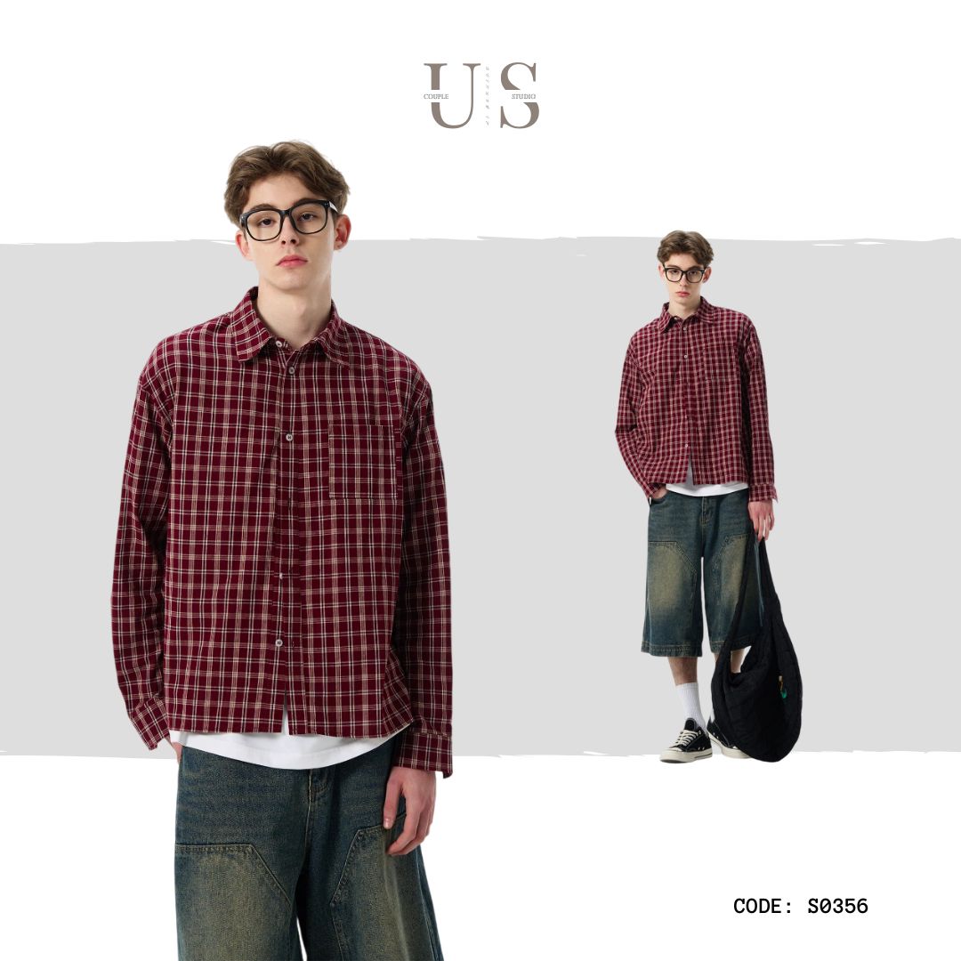 S0356 American-style trendy casual and versatile short long-sleeved plaid shirts