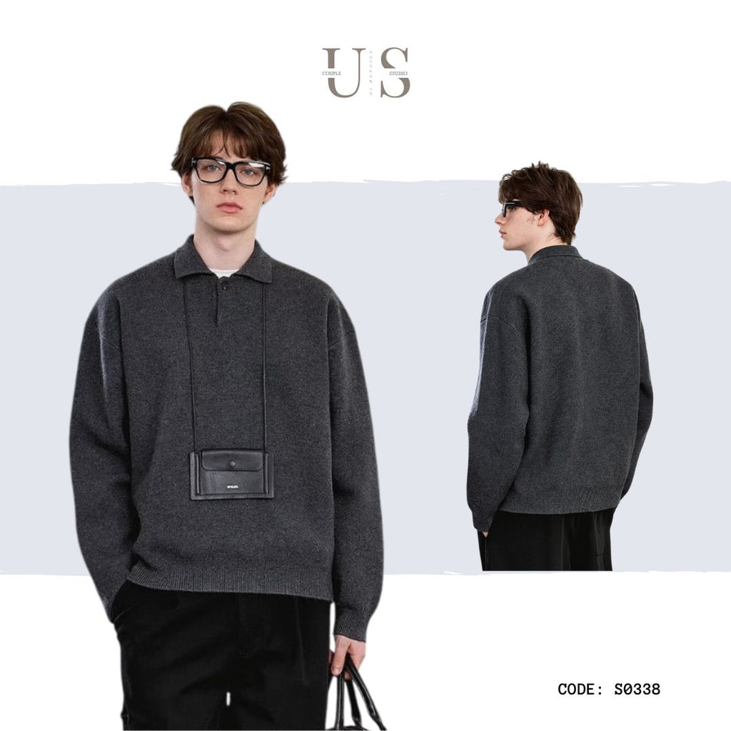 S0338 CSMY Trendy Solid Color Casual High Density Thick Loose Old Money Style Knitted Long-Sleeve Polo Shirt