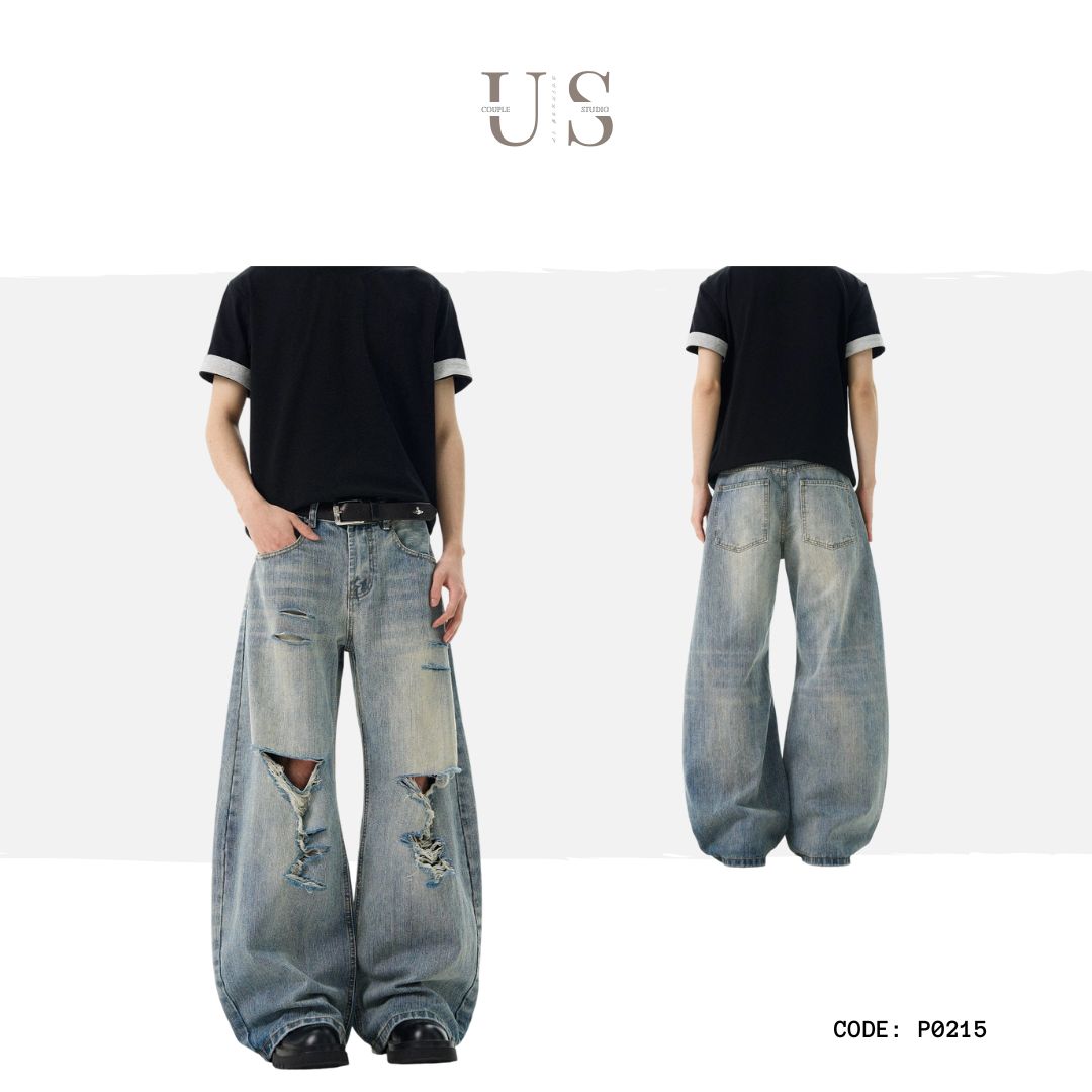 P0215 American vintage street style high-end washed blue distressed oversize men's curved blade jeans