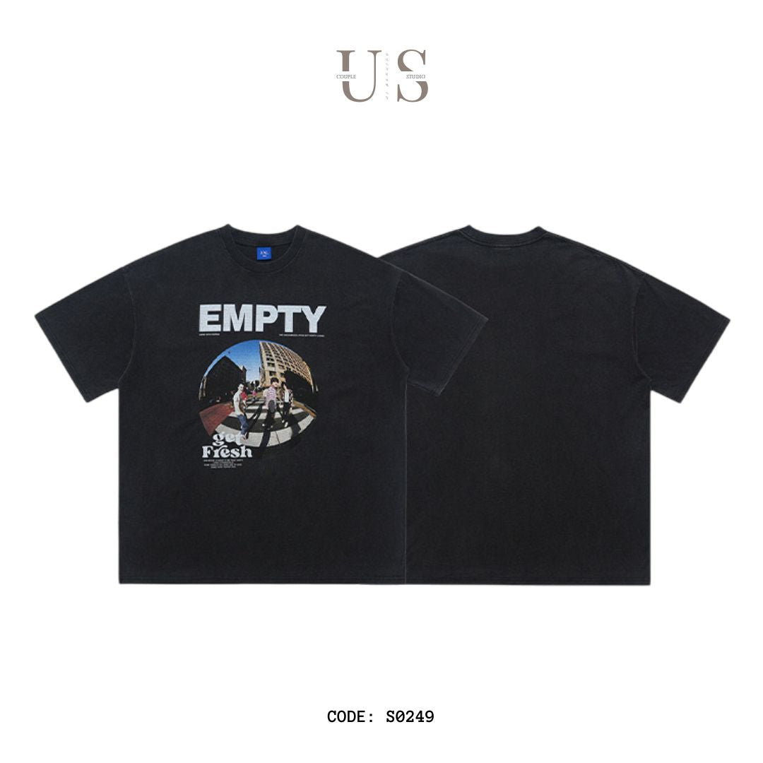 S0249 American trendy brand 280G heavy washed distressed retro printed loose cotton short-sleeved T-shirt