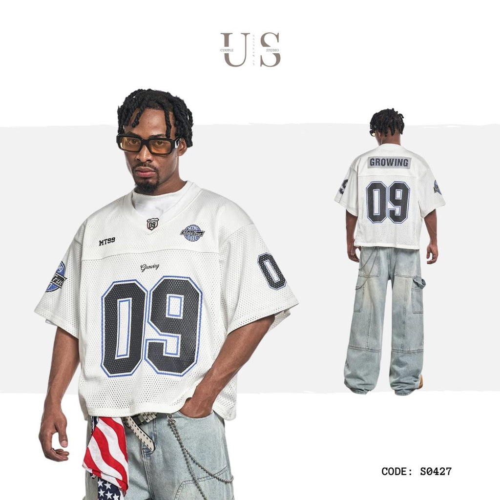 S0427 American street retro mesh V-neck short-sleeved T-shirt