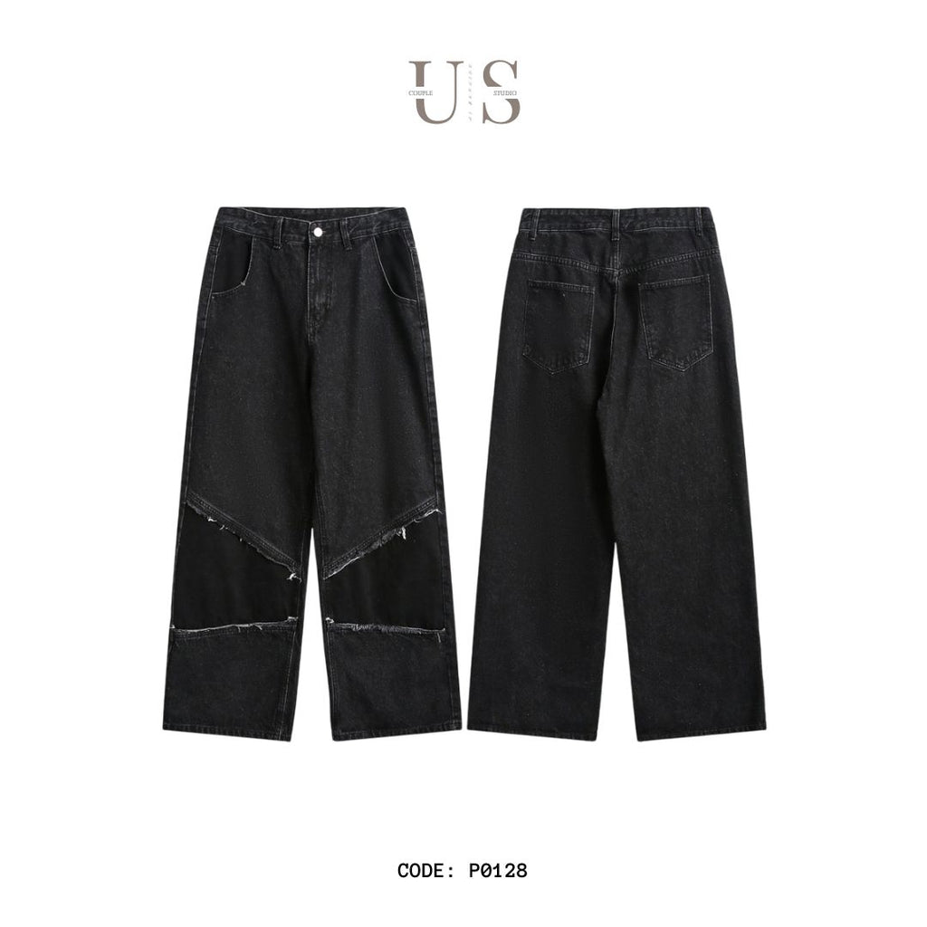 P0128 American retro black and spliced straight trousers logging pants