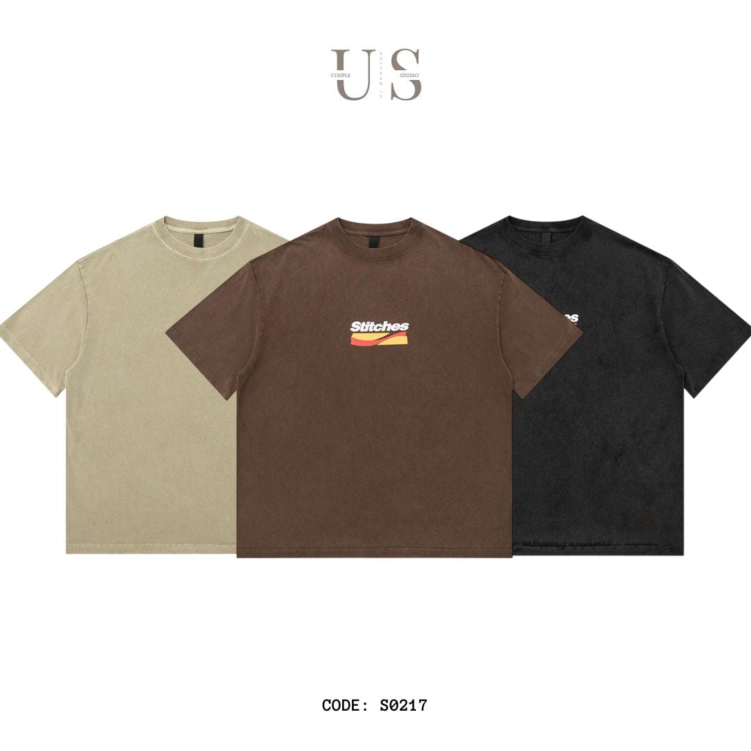 S0217 Japanese retro 320g heavy foam color printed washed round neck T-shirt