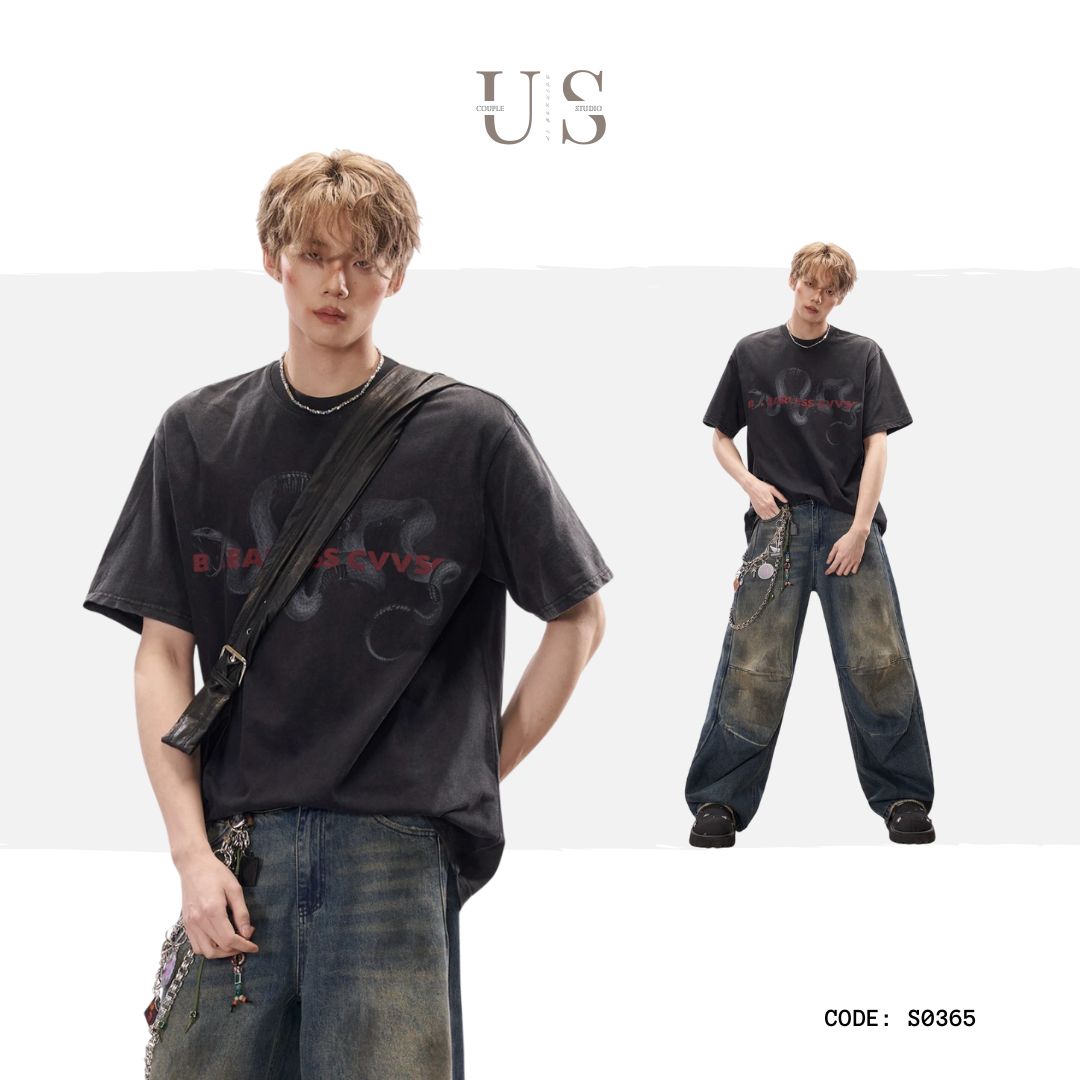 S0365 American Retro Washed Distressed Python Print Short-Sleeved T-Shirt