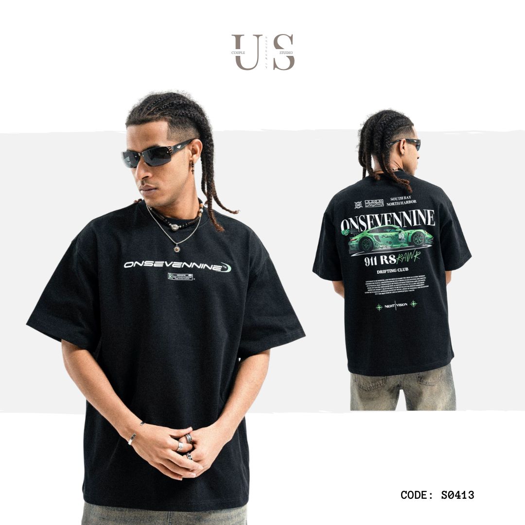 S0413 American Retro Sports Car Print Pure Cotton Loose Short-Sleeve T-Shirt