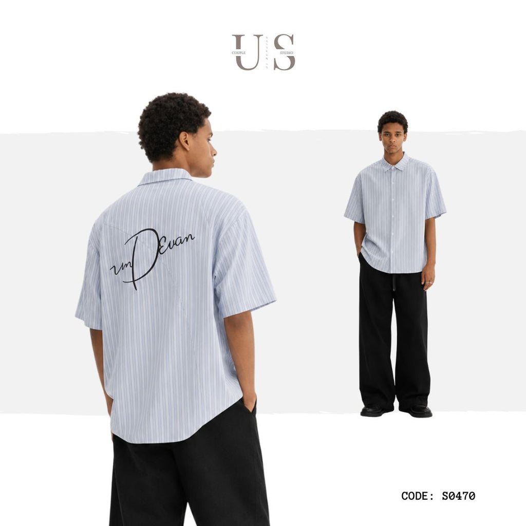 S0470 Japanese-style striped letter embroidered short-sleeved shirt
