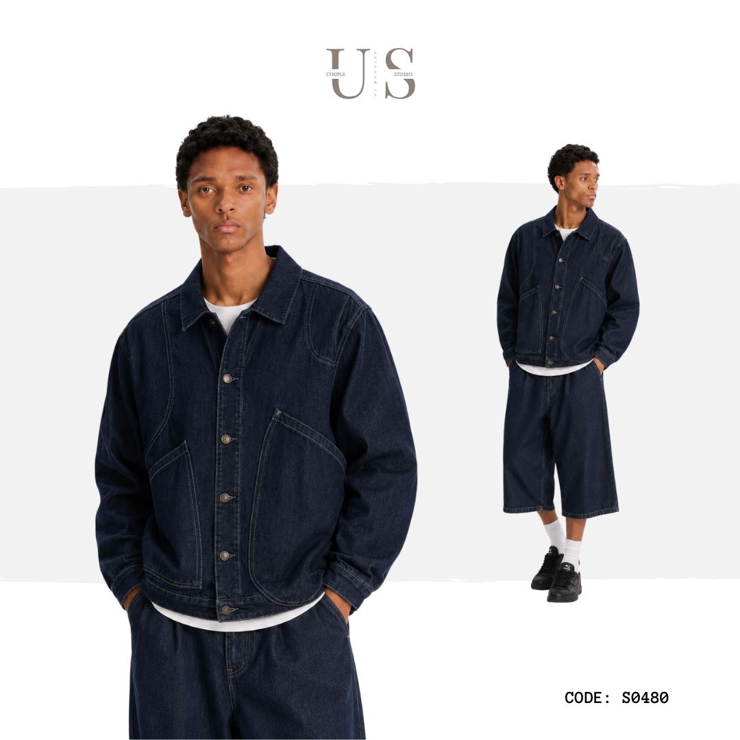 S0480 American Vintage Style Loose-Fit Denim Cargo Jacket