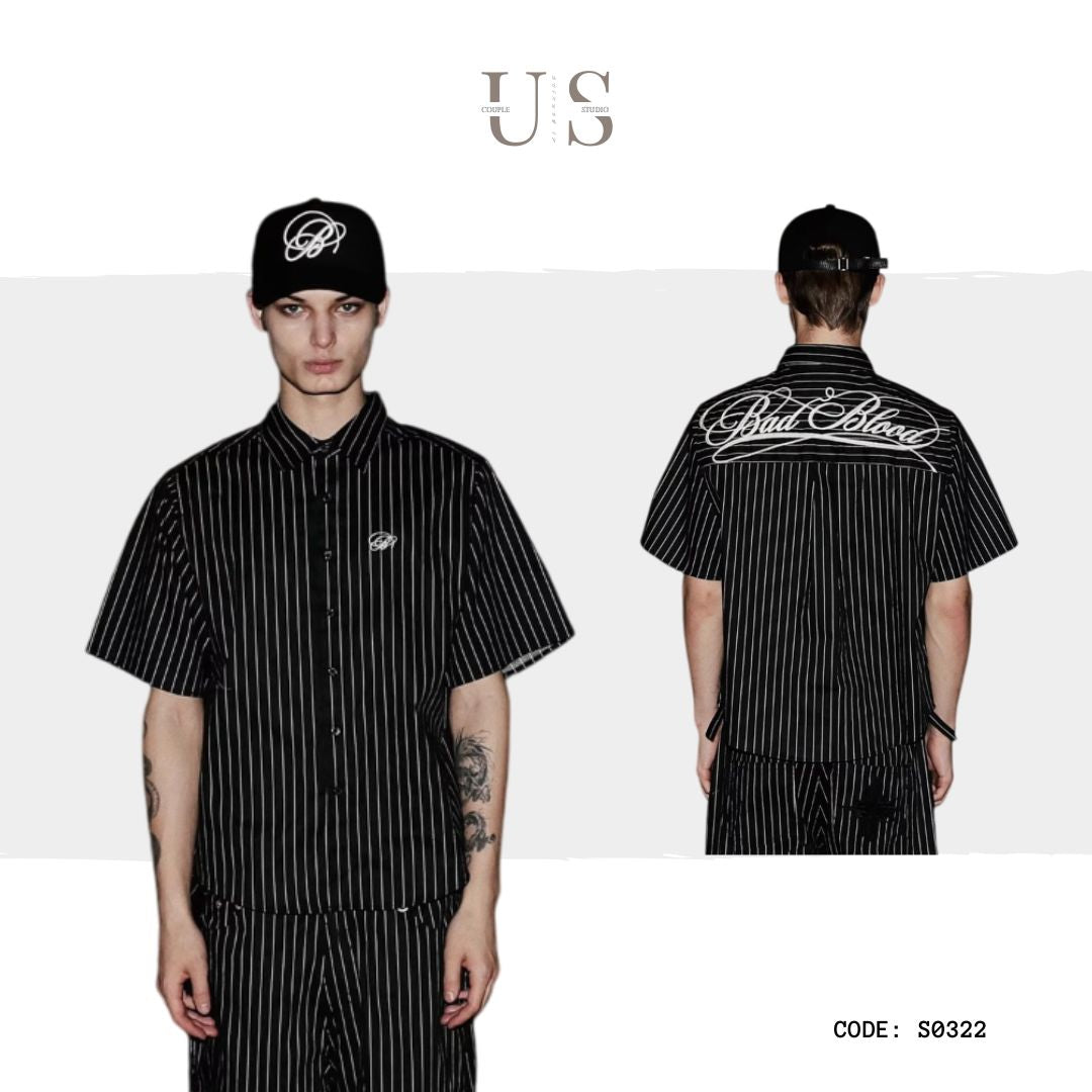 S0322 Badblood American retro lapel striped short-sleeved shirt unisex