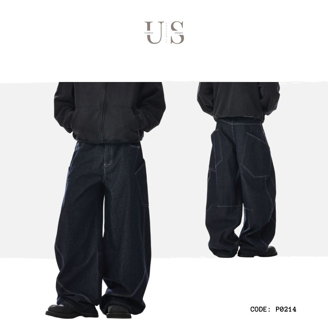 P0214 American retro street style wide-leg curved cutout design jeans