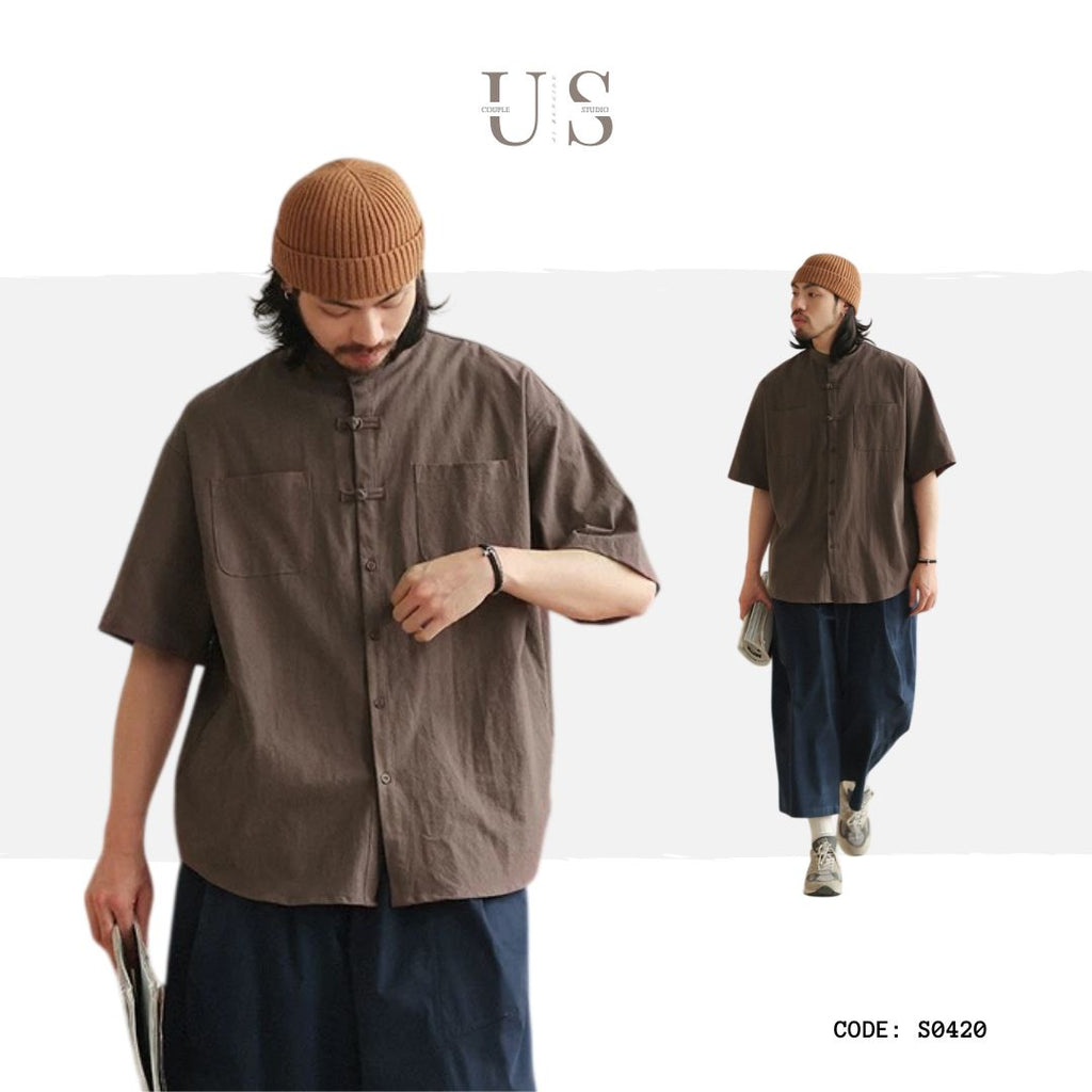 S0420 New Chinese Style Stand Collar Chinese Fold Short-Sleeve Shirt