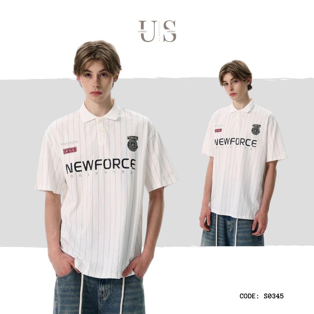 S0345 Vertical Stripe Letter Print Short-sleeved Polo Shirt