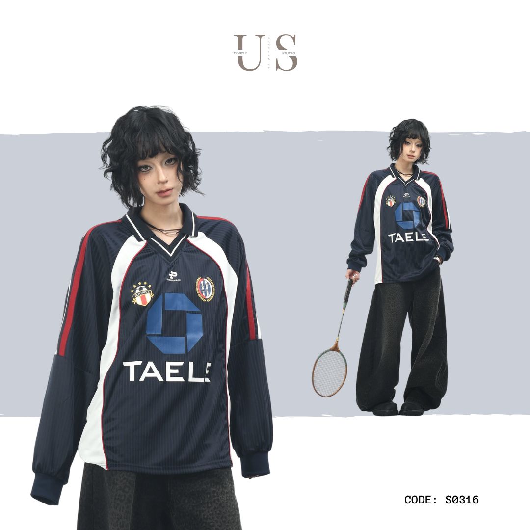 S0316 American Retro Printed V-neck Raglan Long Sleeve Jersey