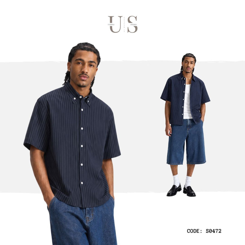 S0472 Japanese Style Trendy Striped Shirt Men's Loose Fit Streetwear Short Sleeve Shirt