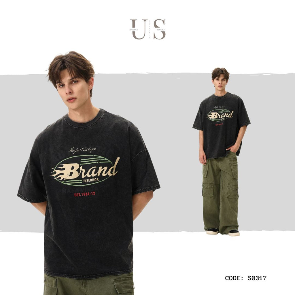 S0317 American retro washed distressed short-sleeved T-shirt