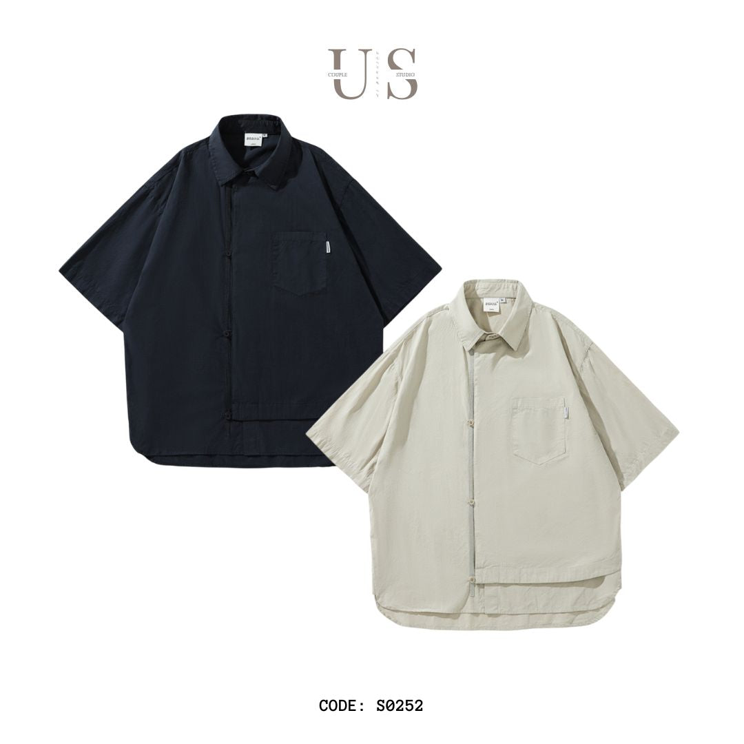 S0252 Japanese City Boy Retro Ethnic Style Plate Button Fake Two-Piece Cargo Short-sleeved Shirt