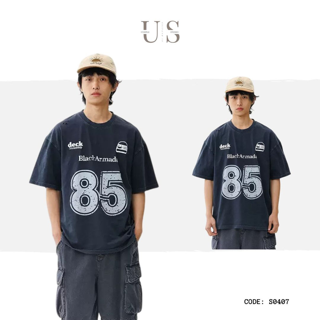 S0407 American retro letter print color-blocked short-sleeved T-shirt