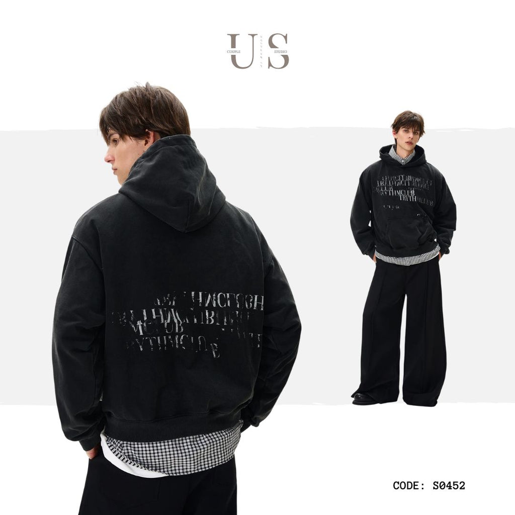 S0452 American Retro Gradient Slogan Letter Print Distressed Hooded Sweatshirt