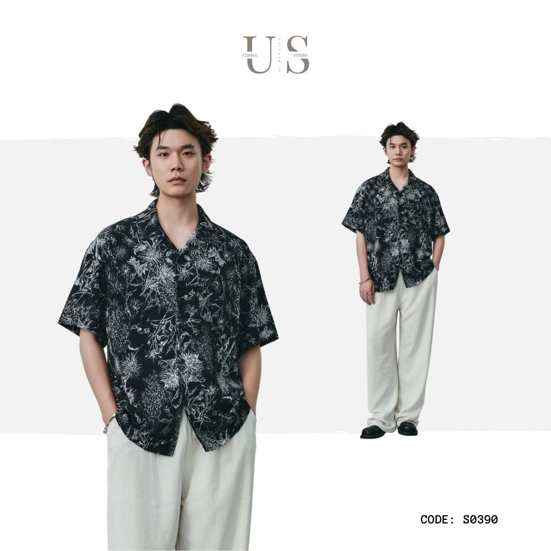 S0390 Chinese Retro Floral Print Trendy Short-Sleeve Cuban Collar Shirt