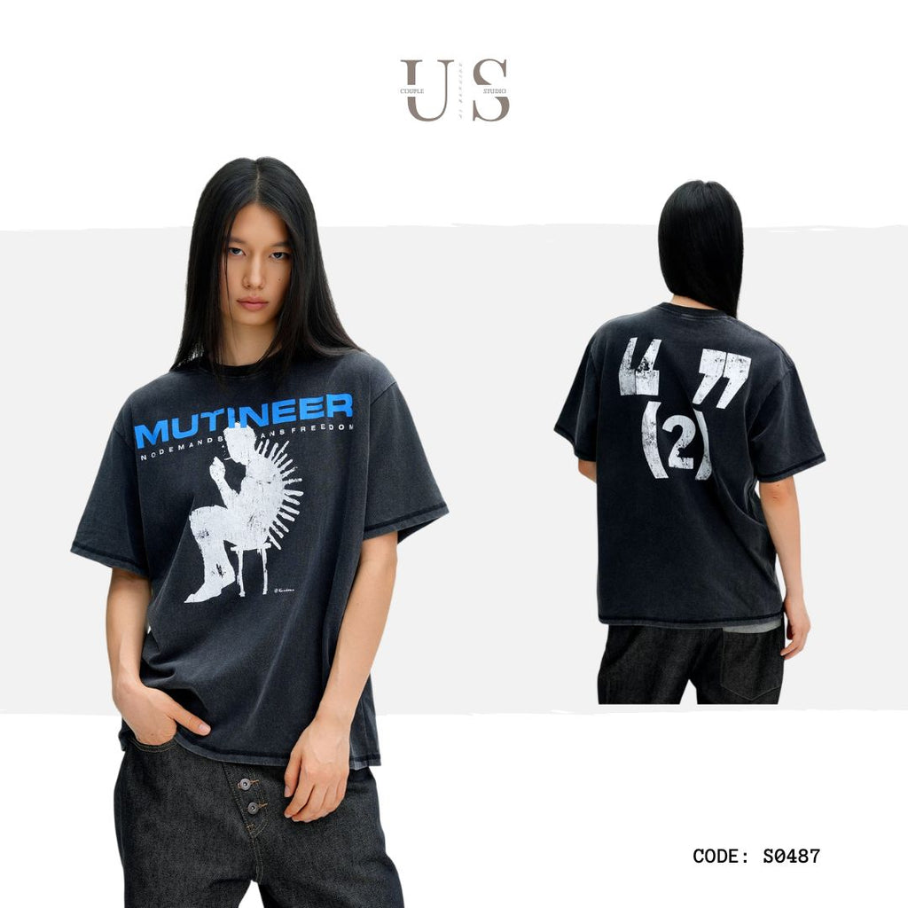 S0487 American Retro Street-Style Washed & Distressed Graphic T-Shirt