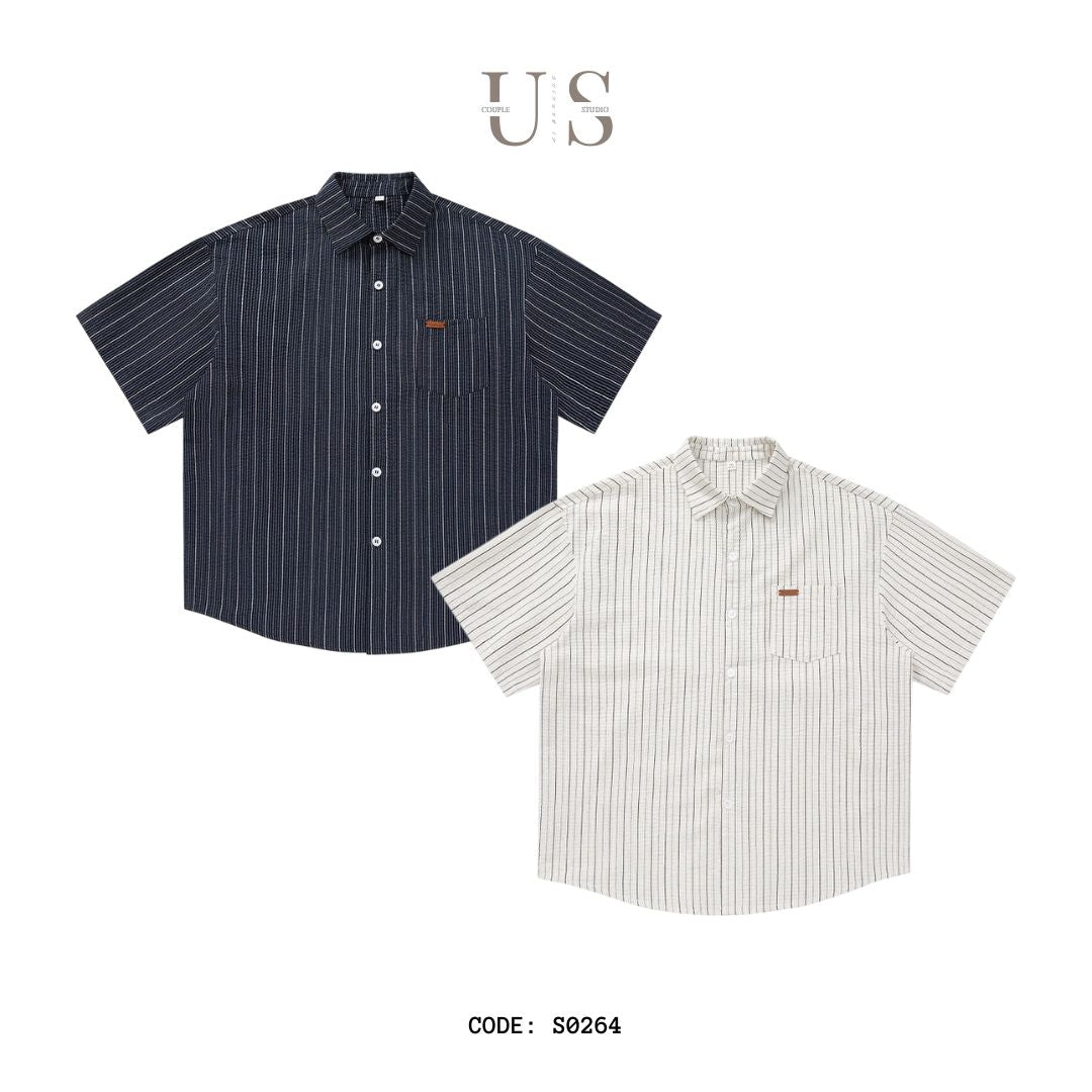 S0264 Hong Kong style textured slightly wrinkled contrasting striped short-sleeved shirt
