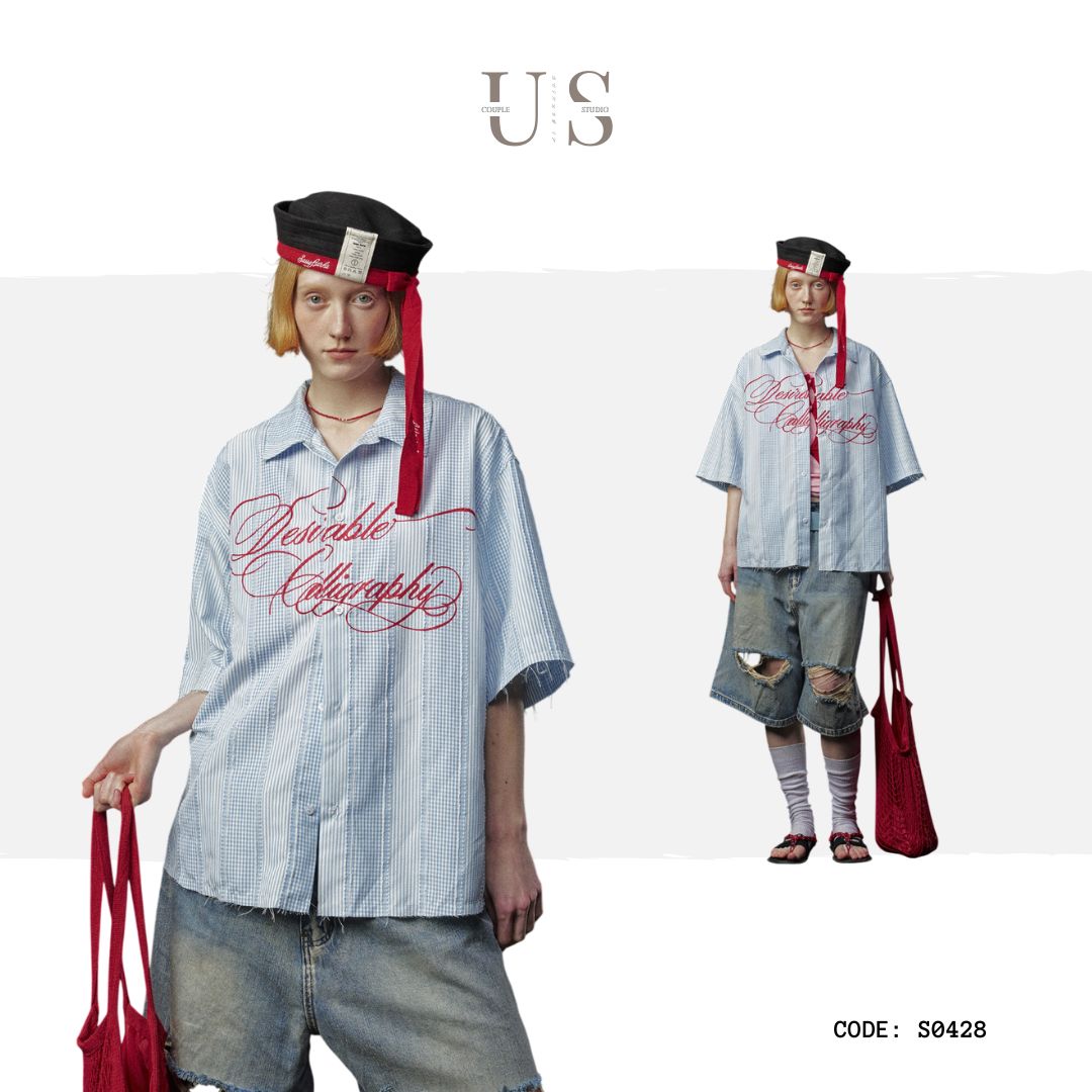 S0428 American-style vintage letter print striped short-sleeved shirt