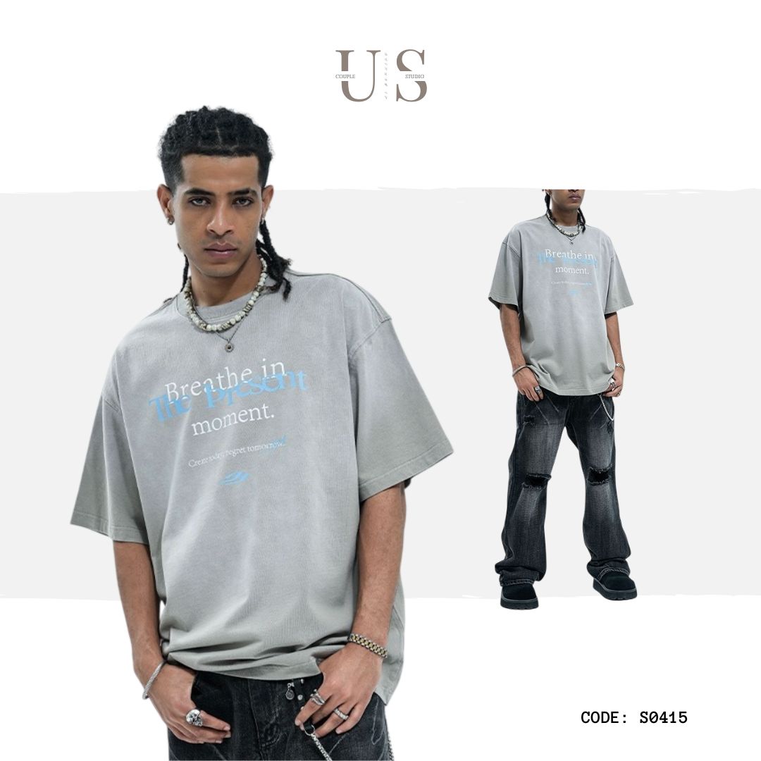 S0415 American-style distressed washed slogan print short-sleeved T-shirt