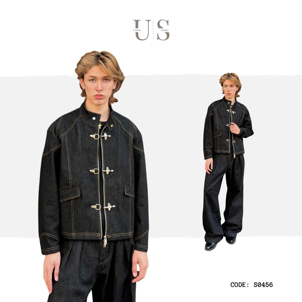 S0456 American Retro Airplane Button Deconstructed Design Loose Casual Denim Jacket