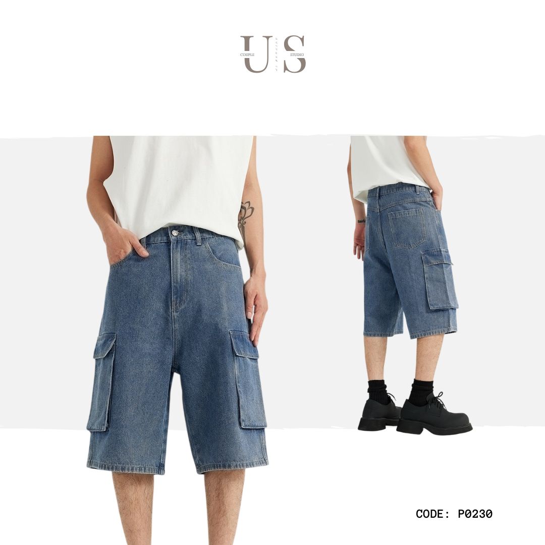 P0230American-style washed denim cargo shorts