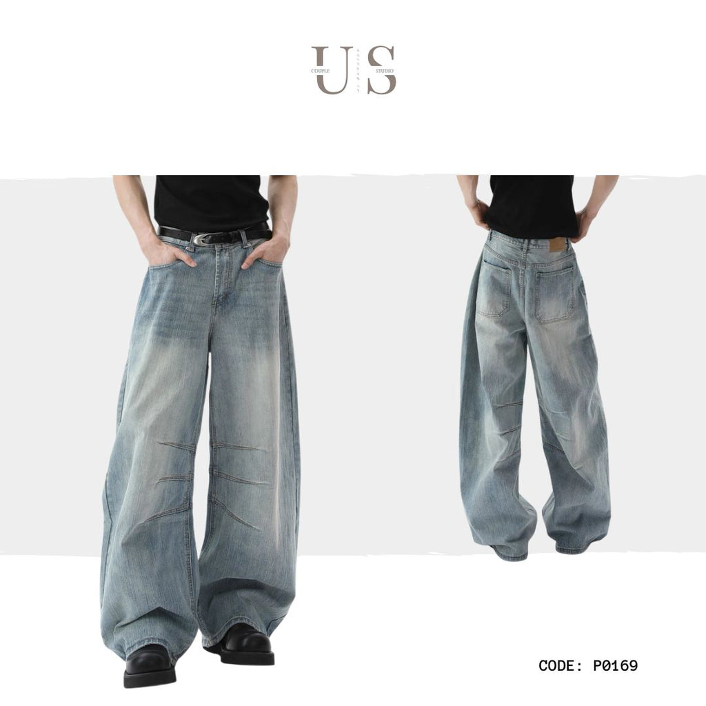 P0169 American Style Retro Fashionable Neutral Street Washing Blue Deconstructed Design Loose Men's Scimitar Jeans