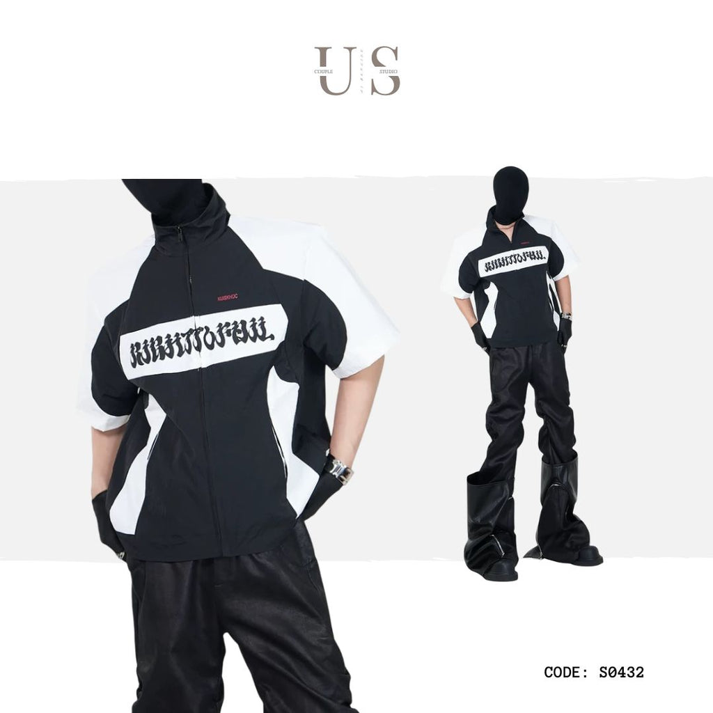 S0432 American-style trendy racing driver waterproof color-blocked nylon zip-up collar short-sleeved top