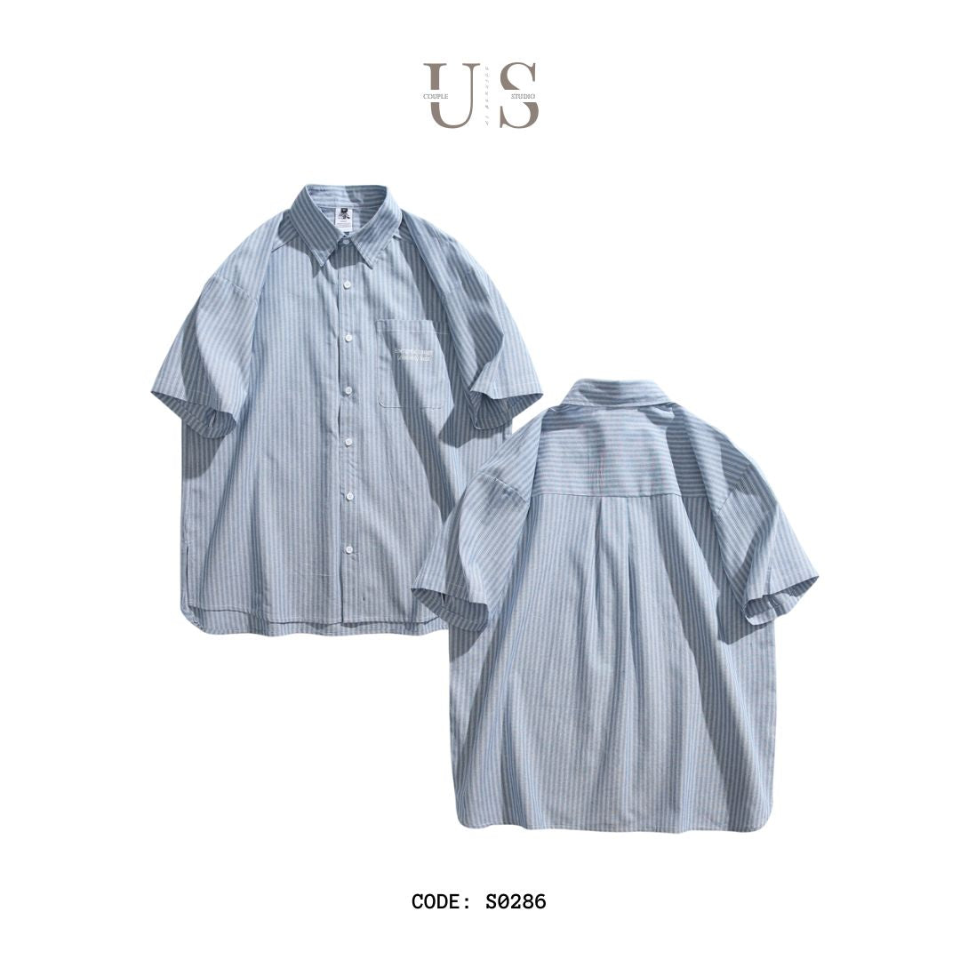 S0286 Japanese cityboy striped workwear short-sleeved shirt