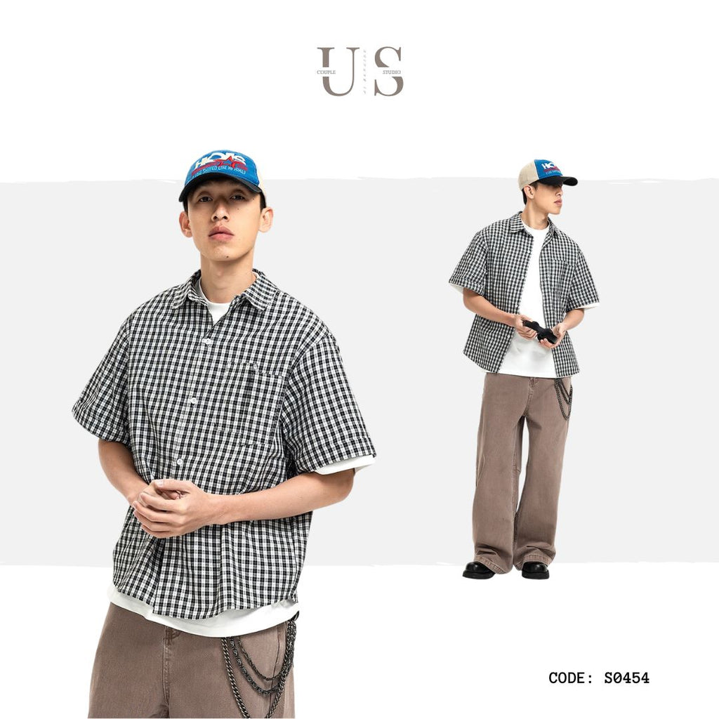 S0454 American Retro Plaid Shirt Short Sleeve