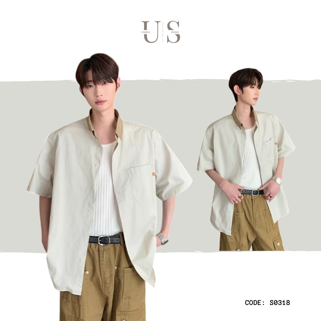 S0318 Japanese Retro Gender-neutral Style Contrast Pocket Lapel Shirt