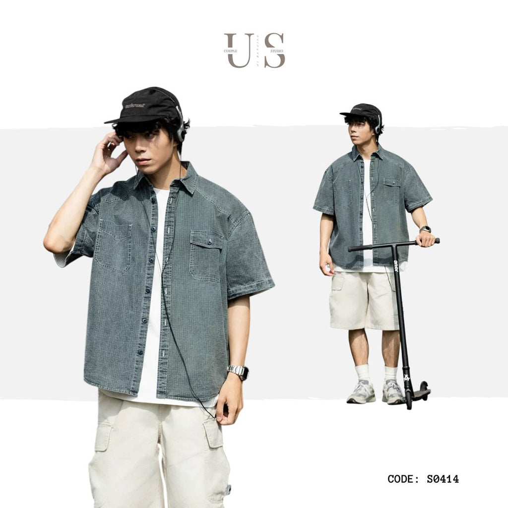 S0414 Americana Style Fermented Wash Multi-Pocket Short-Sleeve Work Shirt