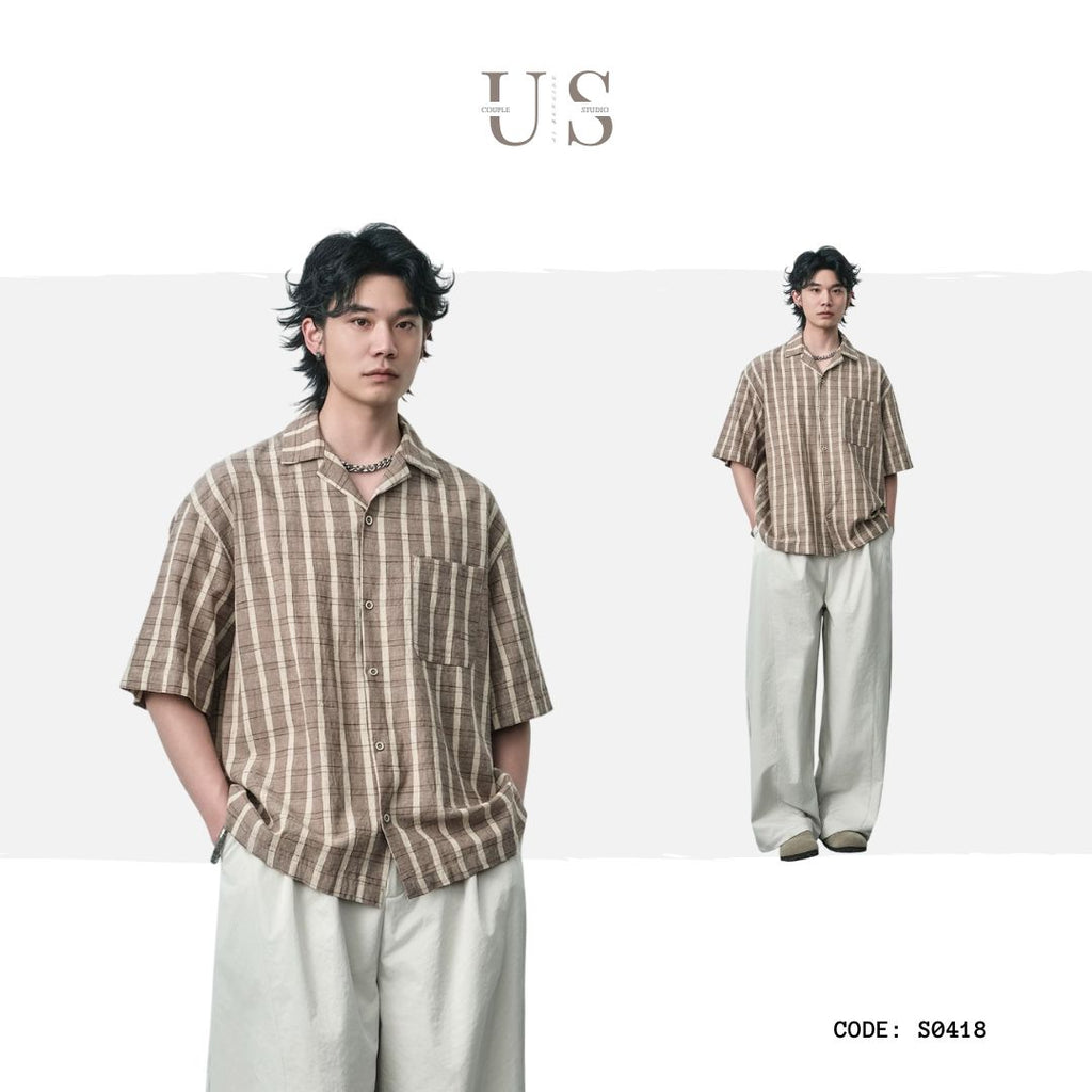S0418 Japanese-style city boy oversized retro washed striped short-sleeved shirt